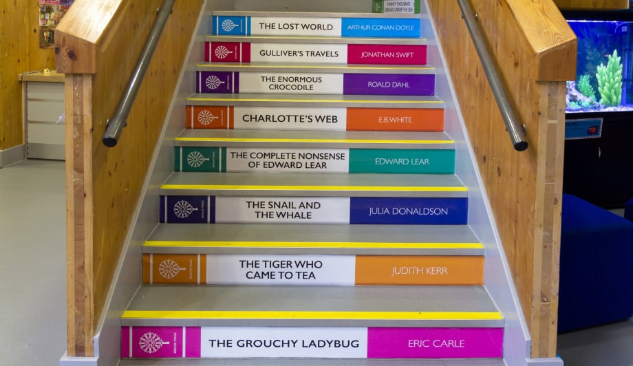 Berger Primary literature themed stairway makeover with wall art literacy themes
