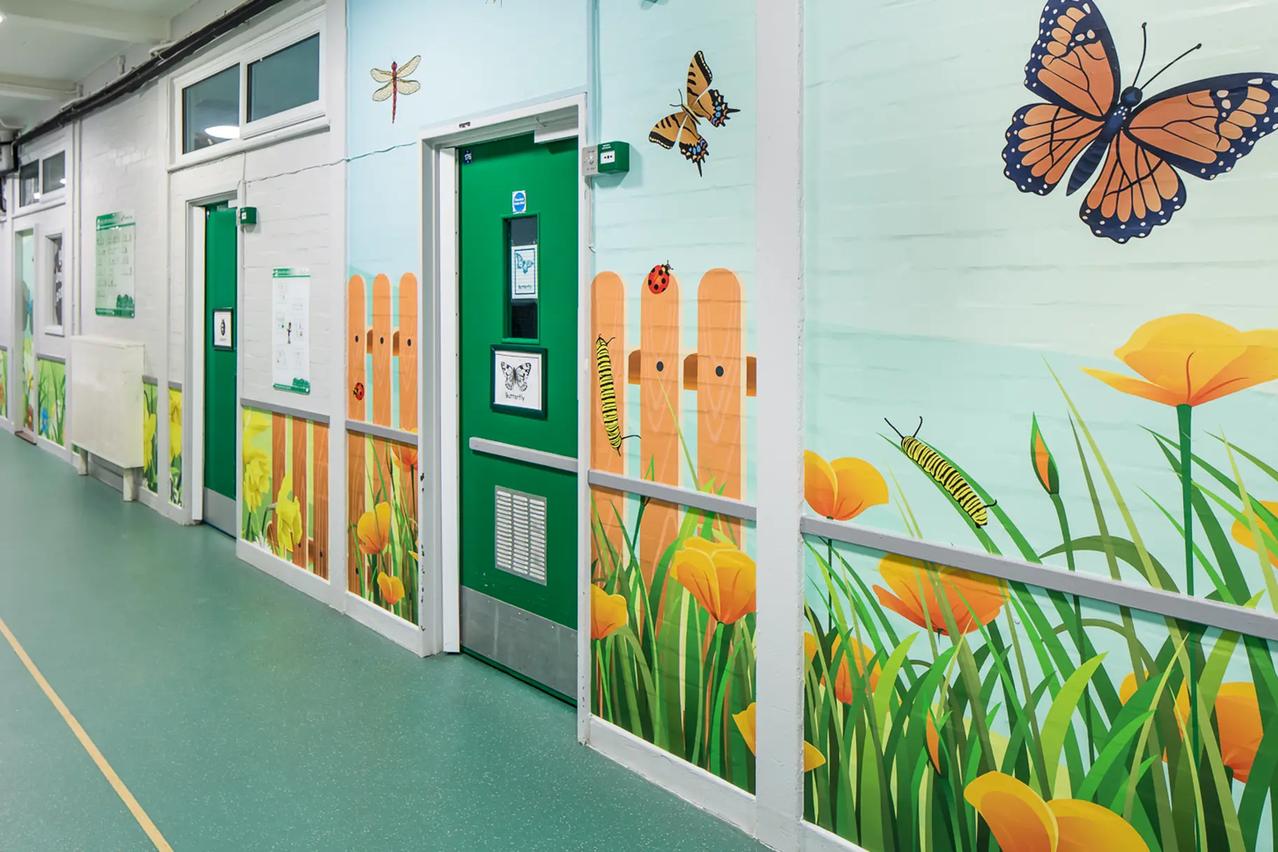Schools Minibeasts themed colourful corridor wall art