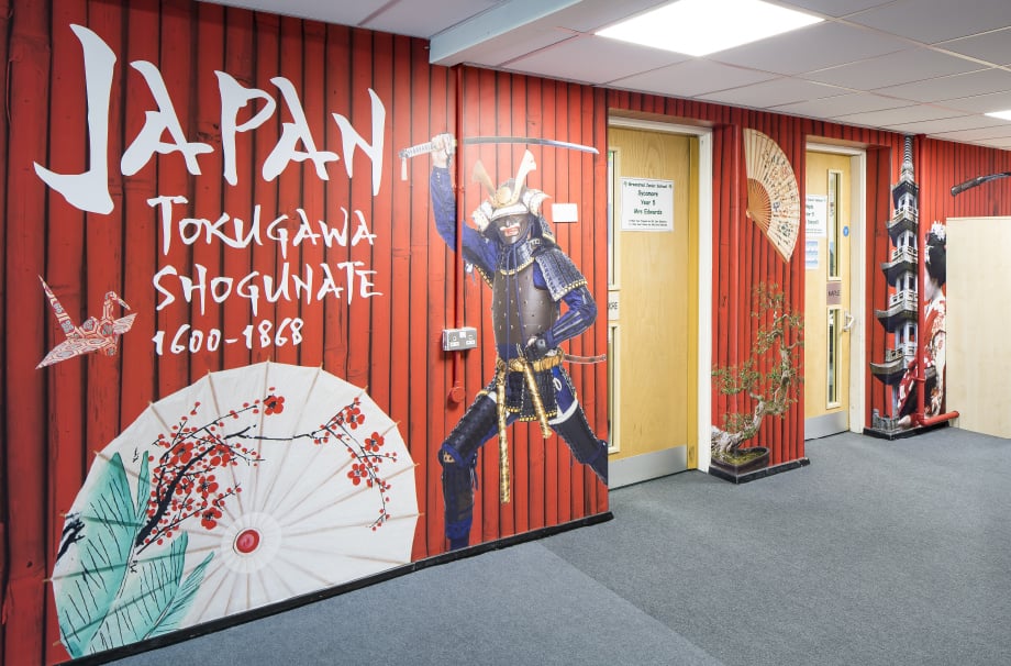 Bespoke design history themed school corridor wrap wall art