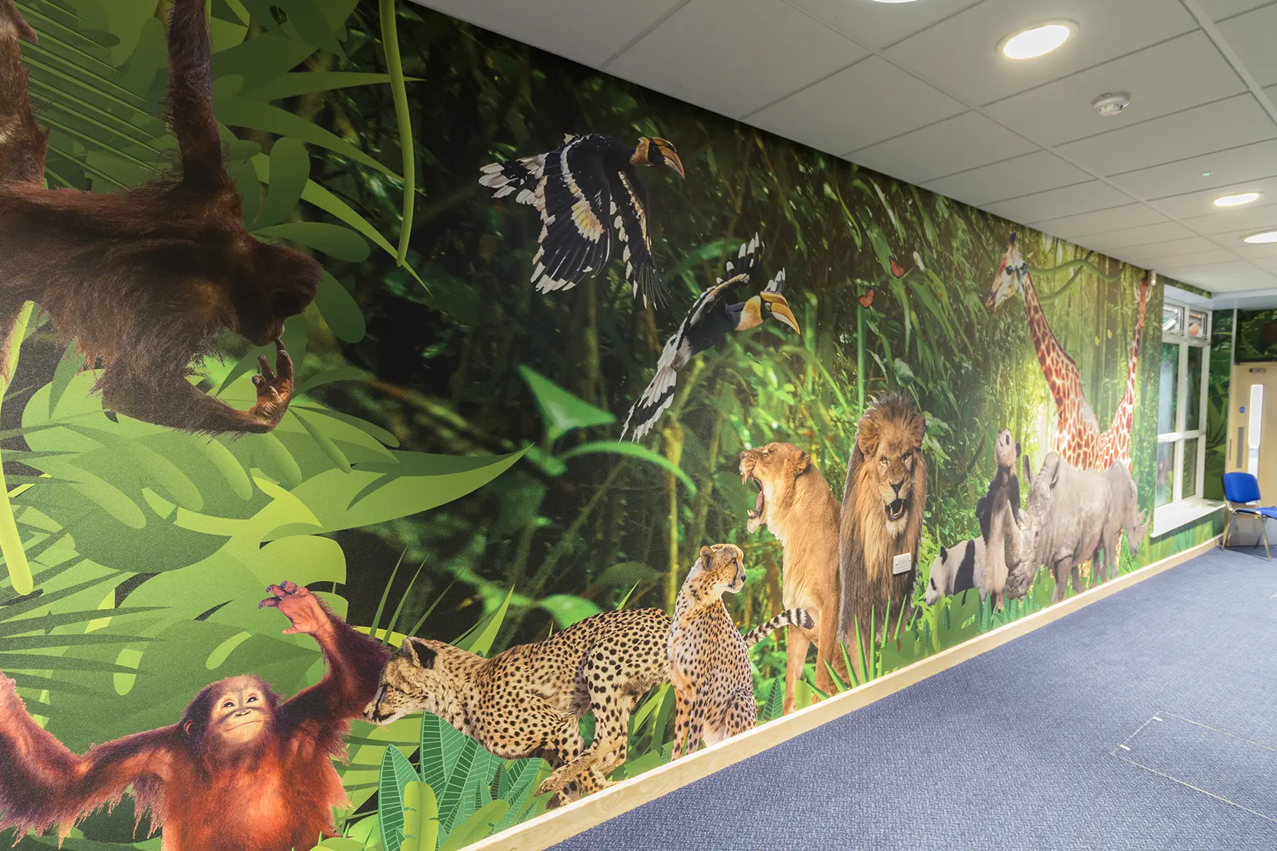 jungle themed school corridor wall art