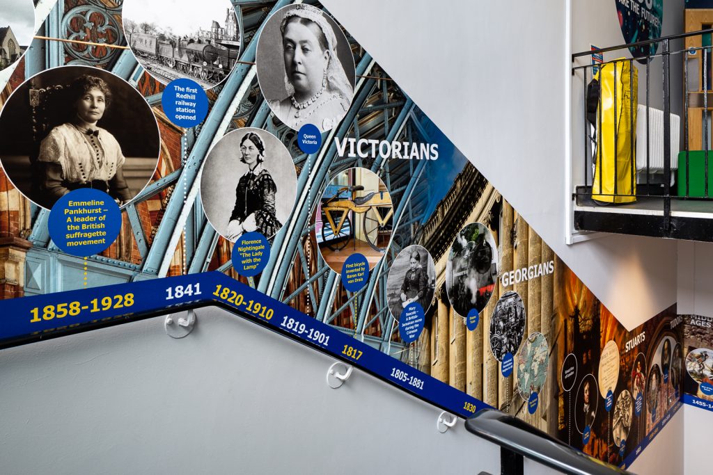 School corridor image featuring a bespoke history timeline wall art feature